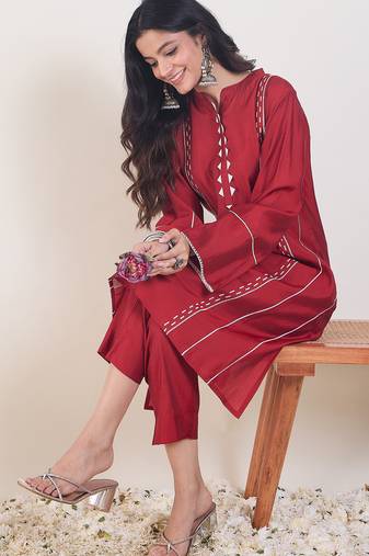 Red printed chanderi silk kurta trouser set