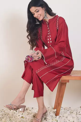 Red printed chanderi silk kurta trouser set