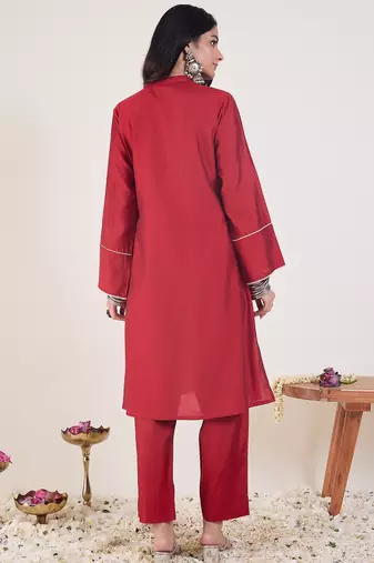 Red printed chanderi silk kurta trouser set