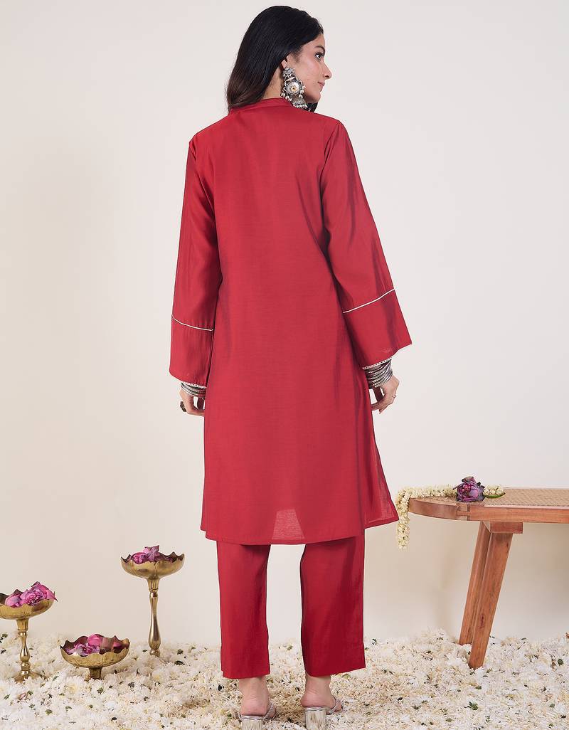 Red printed chanderi silk kurta trouser set