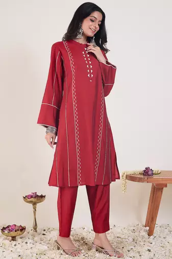 Red printed chanderi silk kurta trouser set