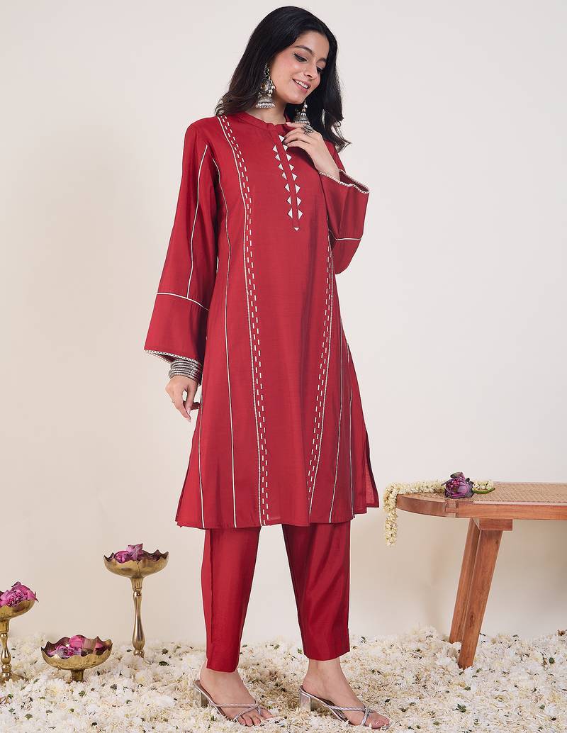 Red printed chanderi silk kurta trouser set
