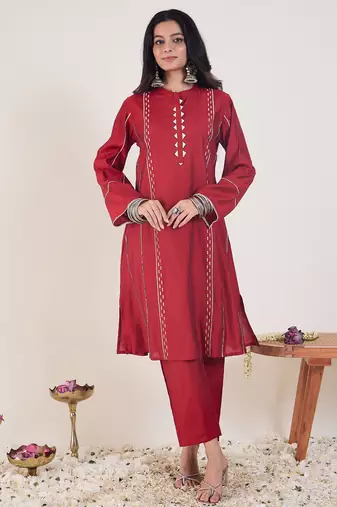 Red printed chanderi silk kurta trouser set
