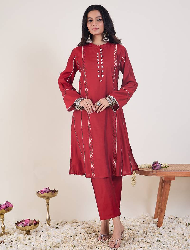Red printed chanderi silk kurta trouser set