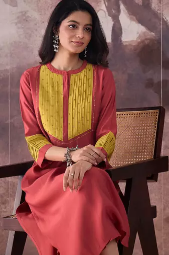 Orange embroidered silk kurta trouser set
