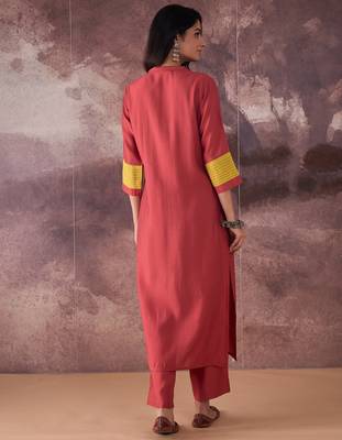 Orange embroidered silk kurta trouser set 3