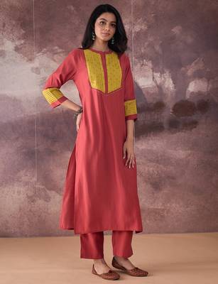 Orange embroidered silk kurta trouser set 1