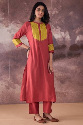Orange embroidered silk kurta trouser set