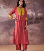 Orange embroidered silk kurta trouser set
