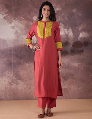 Orange embroidered silk kurta trouser set 4