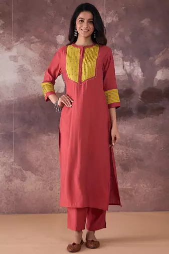 Orange embroidered silk kurta trouser set