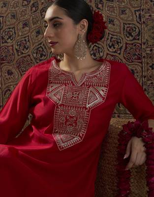 Red embroidered silk kurta trouser set 1