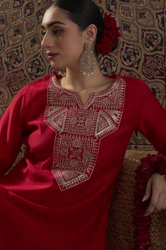 Red embroidered silk kurta trouser set