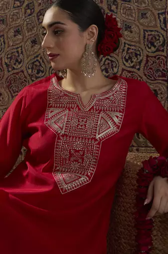 Red embroidered silk kurta trouser set