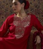 Red embroidered silk kurta trouser set
