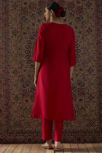 Red embroidered silk kurta trouser set