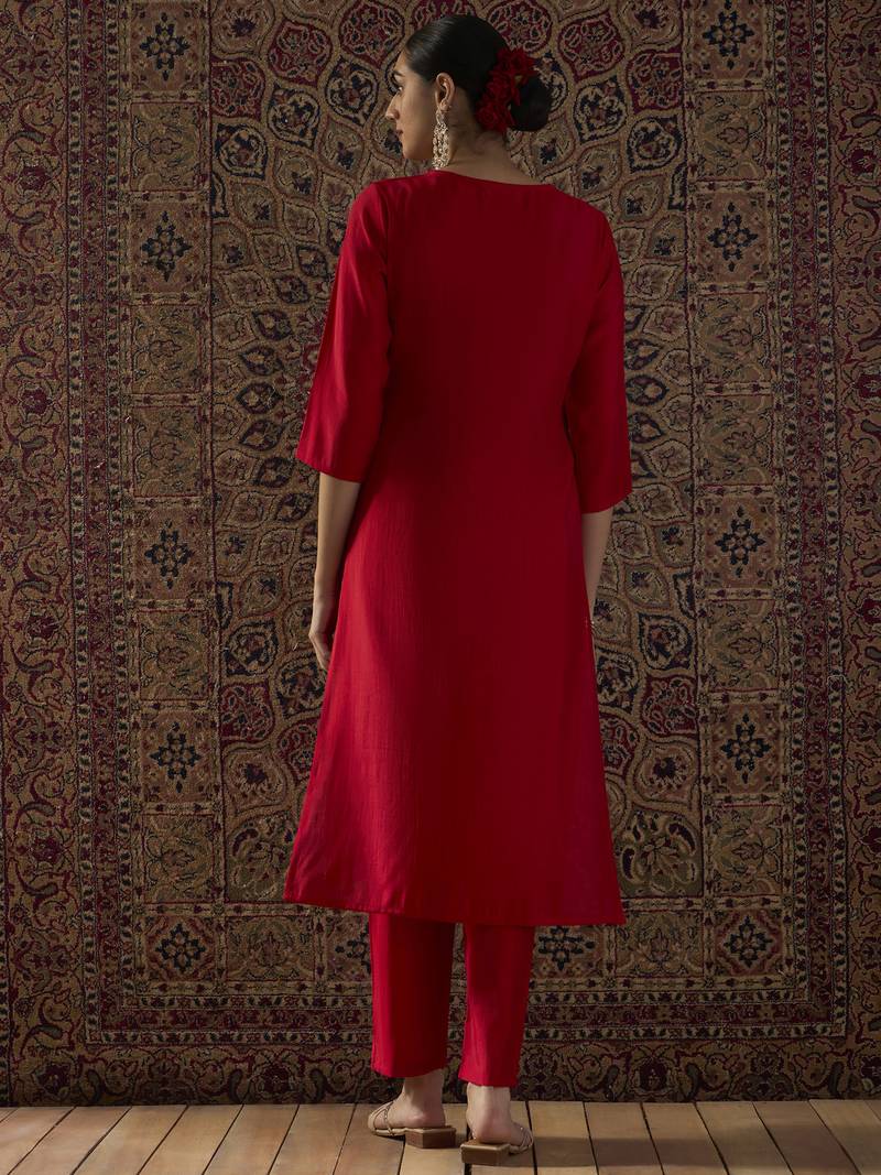 Red embroidered silk kurta trouser set