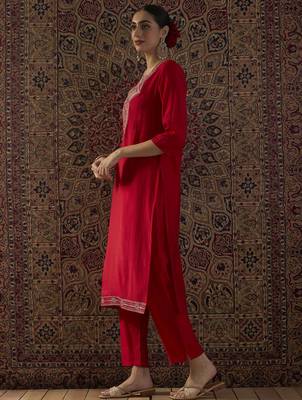 Red embroidered silk kurta trouser set 3