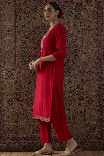 Red embroidered silk kurta trouser set