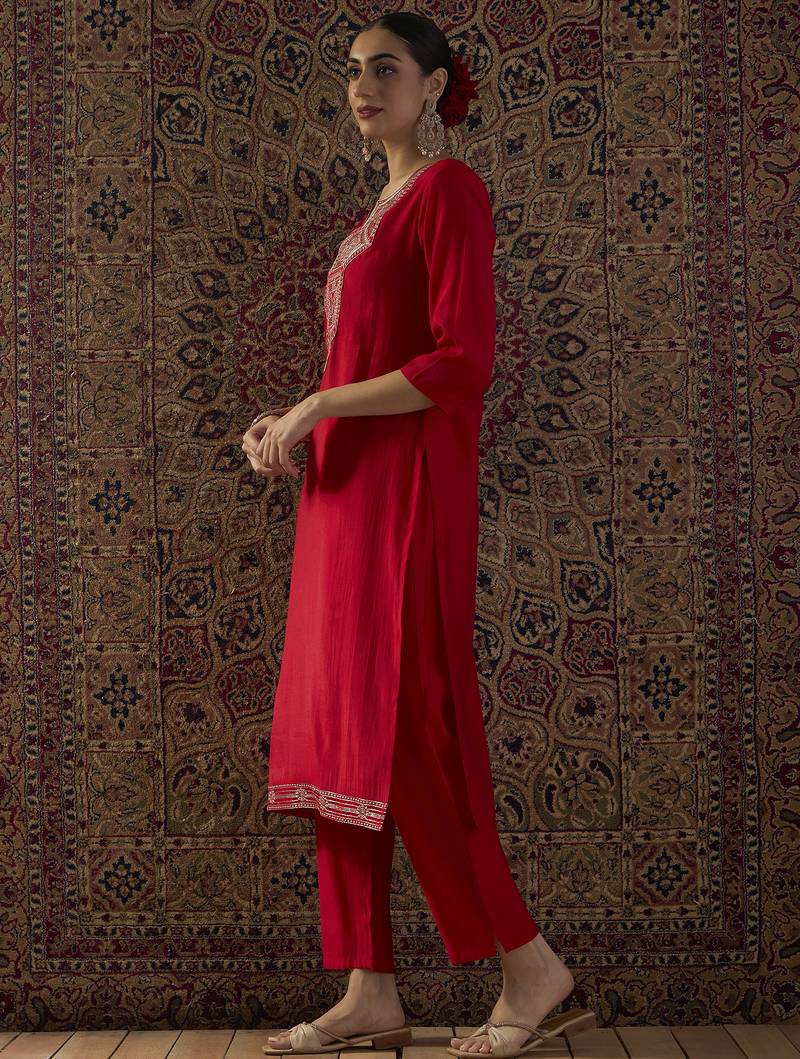 Red embroidered silk kurta trouser set
