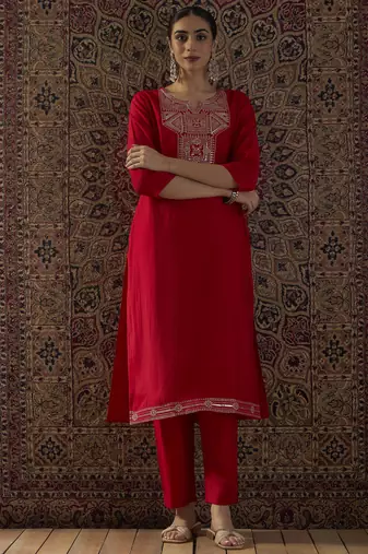Red embroidered silk kurta trouser set