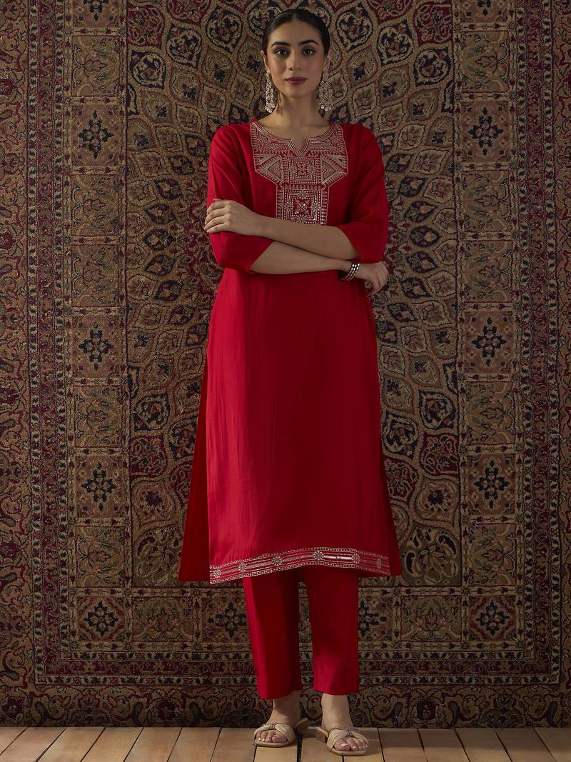 Red embroidered silk kurta trouser set