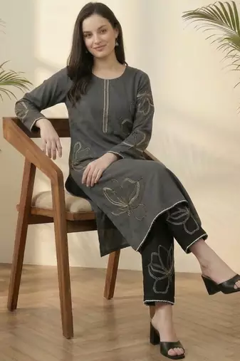 Grey embroidered viscose rayon kurta trouser set