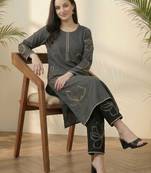 Grey embroidered viscose rayon kurta trouser set
