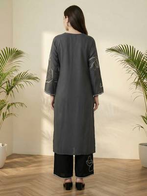 Grey embroidered viscose rayon kurta trouser set 2