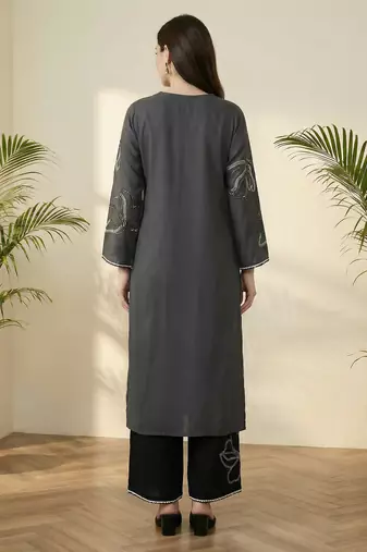 Grey embroidered viscose rayon kurta trouser set