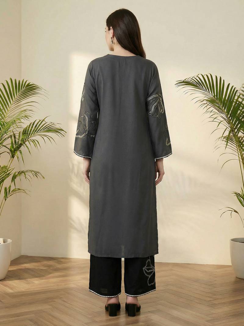 Grey embroidered viscose rayon kurta trouser set