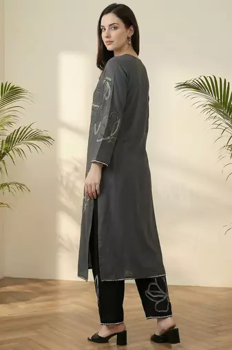 Grey embroidered viscose rayon kurta trouser set