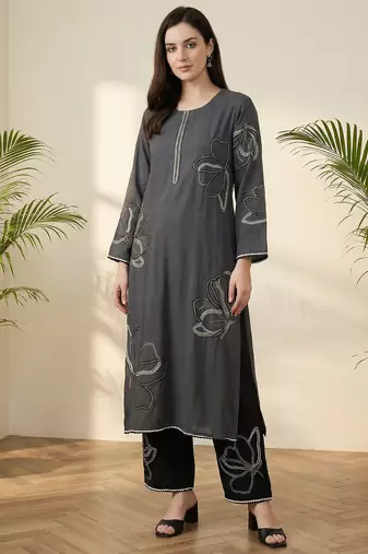 Grey embroidered viscose rayon kurta trouser set