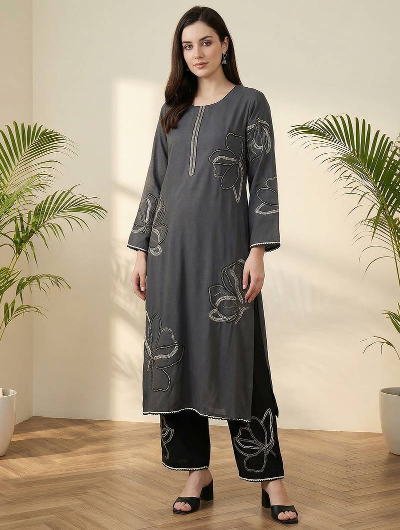 Grey embroidered viscose rayon kurta trouser set