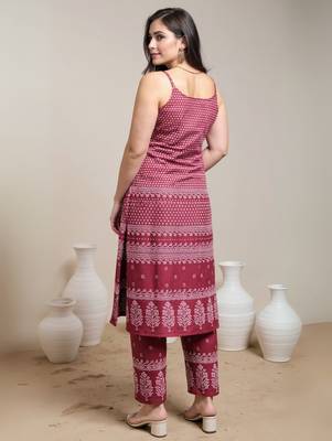 Maroon printed cotton kurta trouser set 2