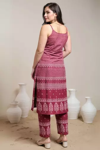Maroon printed cotton kurta trouser set