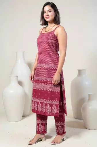 Maroon printed cotton kurta trouser set