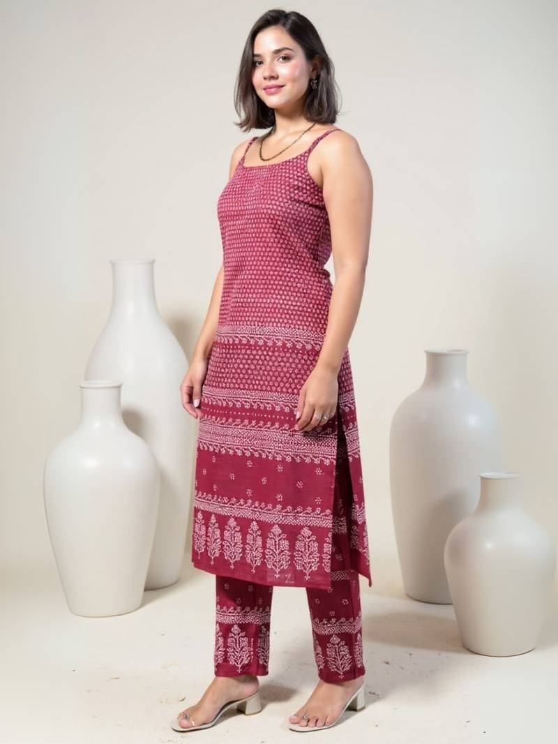 Maroon printed cotton kurta trouser set