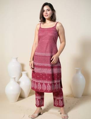 Maroon printed cotton kurta trouser set 4