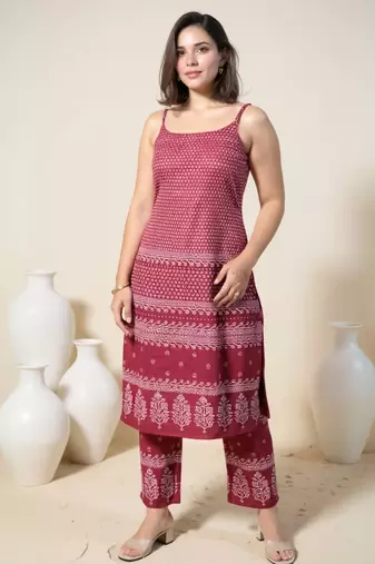 Maroon printed cotton kurta trouser set