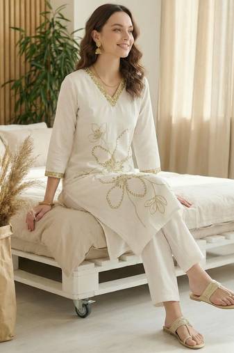 White embroidered silk kurta trouser set