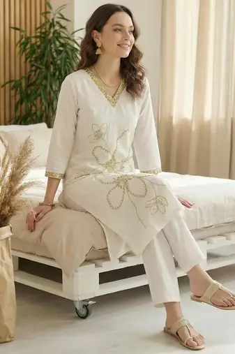 White embroidered silk kurta trouser set
