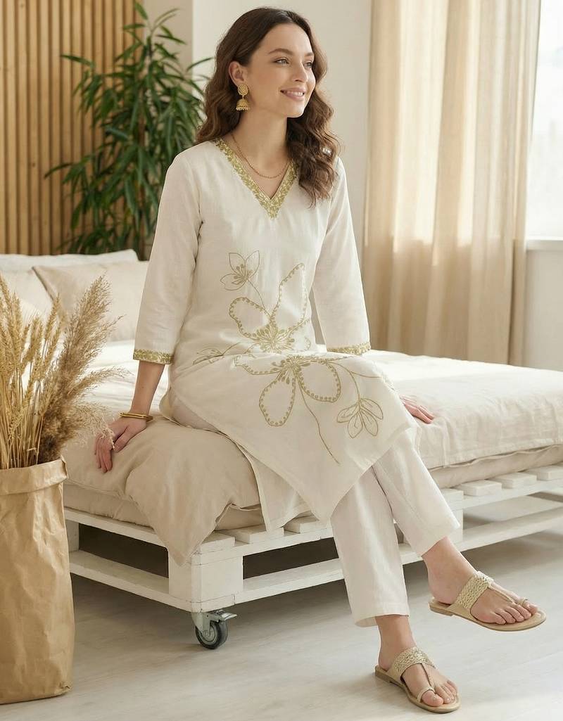 White embroidered silk kurta trouser set