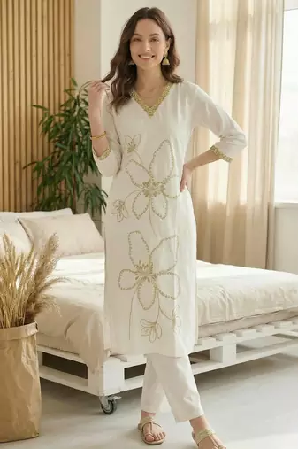 White embroidered silk kurta trouser set