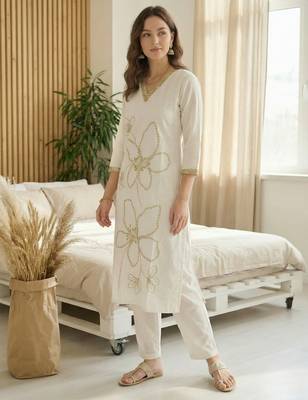 White embroidered silk kurta trouser set 4