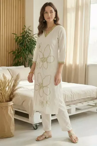 White embroidered silk kurta trouser set