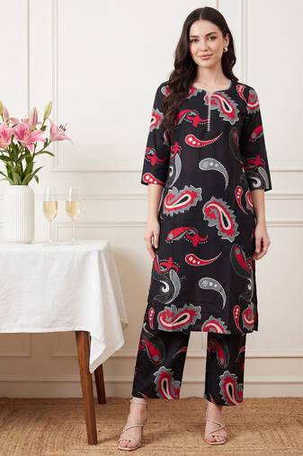 Black printed cotton kurta trouser set