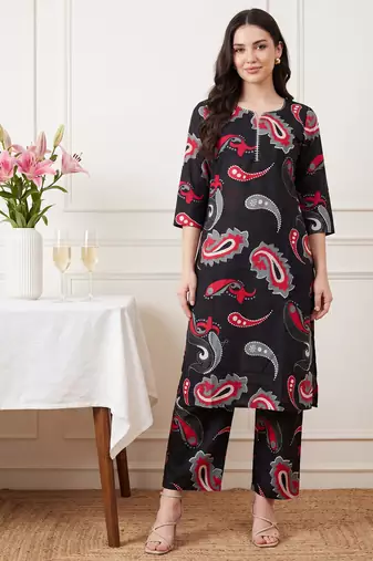 Black printed cotton kurta trouser set