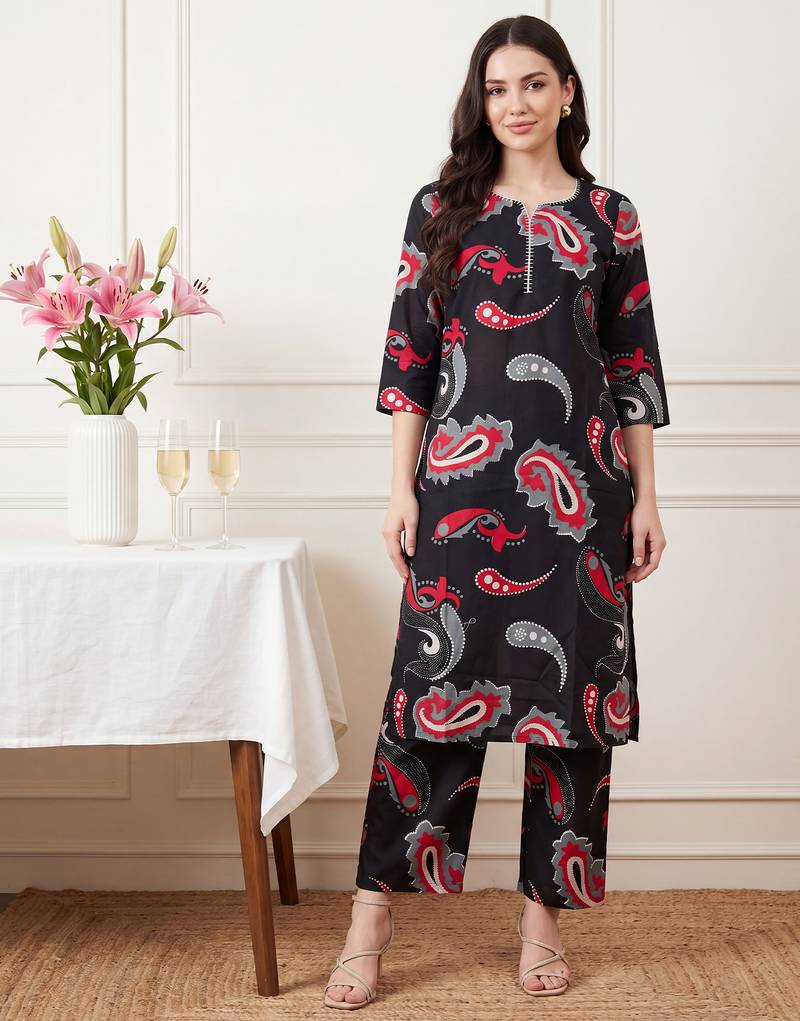 Black printed cotton kurta trouser set