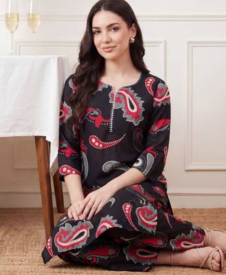 Black printed cotton kurta trouser set 2